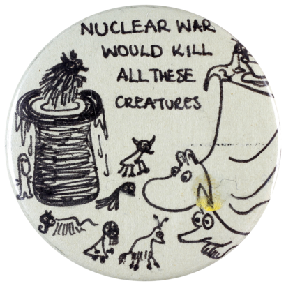 This handmade badge is one of many produced for the anti-nuclear movement of the 1970s and 1980s which protested against nuclear testing, the mining and export of uranium and the use of nuclear energy.