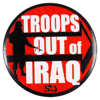 This badge was worn to protest military action against Iraq which occurred in 1990-1991 and 2003-2009.